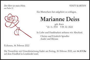 Traueranzeige von Marianne Deiss von Hohenloher Tagblatt