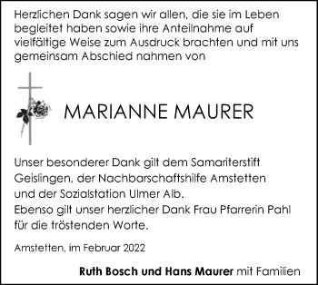 Traueranzeige von Marianne Maurer von SÜDWEST PRESSE Ausgabe Ulm/Neu-Ulm