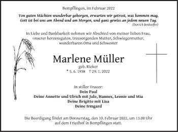 Traueranzeige von Marlene Müller von Metzinger-Uracher Volksblatt