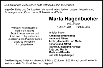 Traueranzeige von Marta Hagenbucher von Hohenloher Tagblatt