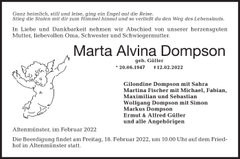 Traueranzeige von Marta Alvina Dompson von Hohenloher Tagblatt