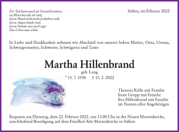 Traueranzeige von Martha Hillenbrand von NWZ Neue Württembergische Zeitung