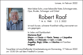 Traueranzeige von Robert Raaf von SÜDWEST PRESSE Ausgabe Ulm/Neu-Ulm