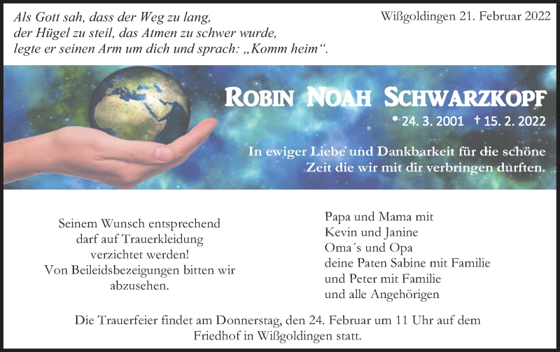  Traueranzeige für Robin Noah Schwarzkopf vom 22.02.2022 aus NWZ Neue Württembergische Zeitung