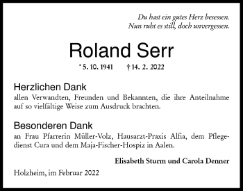 Traueranzeige von Roland Serr von NWZ Neue Württembergische Zeitung