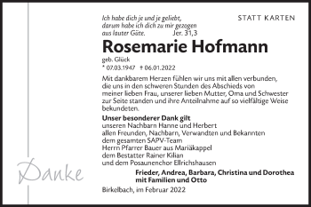 Traueranzeige von Rosemarie Hofmann von Hohenloher Tagblatt