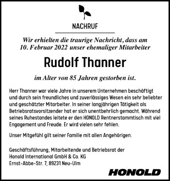 Traueranzeige von Rudolf Thanner von SÜDWEST PRESSE Ausgabe Ulm/Neu-Ulm