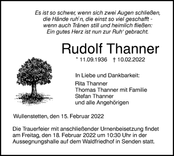 Traueranzeige von Rudolf Thanner von SÜDWEST PRESSE Ausgabe Ulm/Neu-Ulm