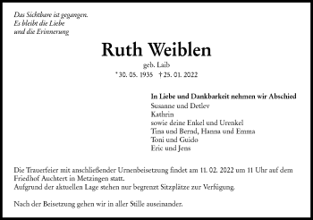 Traueranzeige von Ruth Weiblen von Metzinger-Uracher Volksblatt