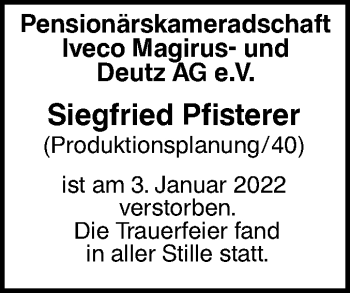 Traueranzeige von Siegfried Pfisterer von SÜDWEST PRESSE Ausgabe Ulm/Neu-Ulm