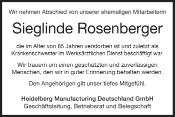 Traueranzeige von Sieglinde Rosenberger von Geislinger Zeitung