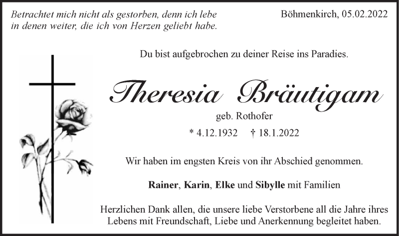  Traueranzeige für Theresia Bräutigam vom 05.02.2022 aus Geislinger Zeitung