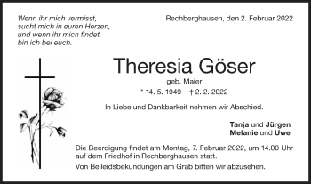 Traueranzeige von Theresia Göser von NWZ Neue Württembergische Zeitung