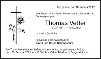 Traueranzeige von Thomas Vetter von NWZ Neue Württembergische Zeitung