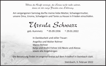 Traueranzeige von Ursula Schwarz von Haller Tagblatt