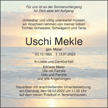 Traueranzeige von Uschi Mekle von SÜDWEST PRESSE Ausgabe Ulm/Neu-Ulm