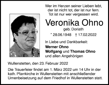 Traueranzeige von Veronika Ohno von SÜDWEST PRESSE Ausgabe Ulm/Neu-Ulm