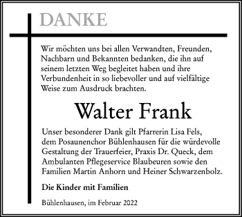 Traueranzeige von Walter Frank von SÜDWEST PRESSE Ausgabe Ulm/Neu-Ulm