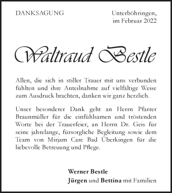 Traueranzeige von Waltraud Bestle von Geislinger Zeitung