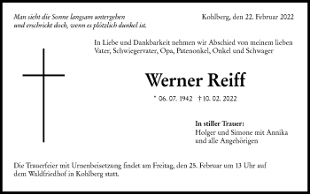 Traueranzeige von Werner Reiff von Metzinger-Uracher Volksblatt