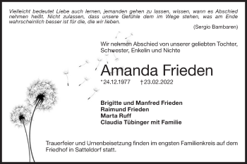 Traueranzeige von Amanda Frieden von Hohenloher Tagblatt