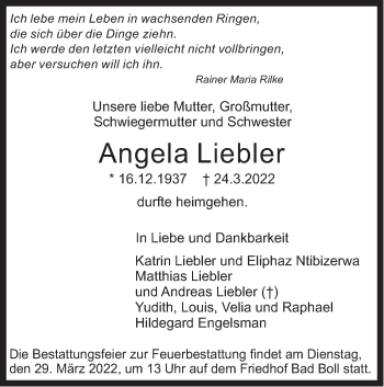 Traueranzeige von Angela Liebler von NWZ Neue Württembergische Zeitung