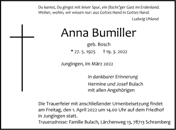 Traueranzeige von Anna Bumiller von Metzinger-Uracher Volksblatt