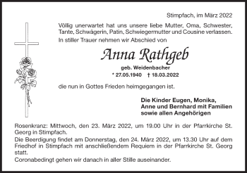 Traueranzeige von Anna Rathgeb von Hohenloher Tagblatt