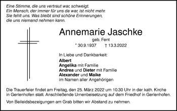 Traueranzeige von Annemarie Jaschke von SÜDWEST PRESSE Ausgabe Ulm/Neu-Ulm