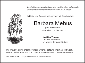 Traueranzeige von Barbara Mebus von Haller Tagblatt