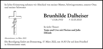 Traueranzeige von Brunhilde Dalheiser von Hohenloher Tagblatt