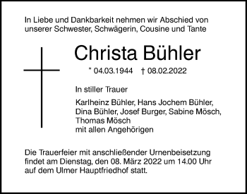 Traueranzeige von Christa Bühler von SÜDWEST PRESSE Ausgabe Ulm/Neu-Ulm