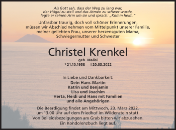 Traueranzeige von Christel Krenkel von Hohenloher Tagblatt