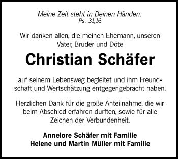 Traueranzeige von Christian Schäfer von Metzinger-Uracher Volksblatt