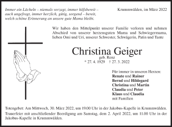 Traueranzeige von Christina Geiger von NWZ Neue Württembergische Zeitung