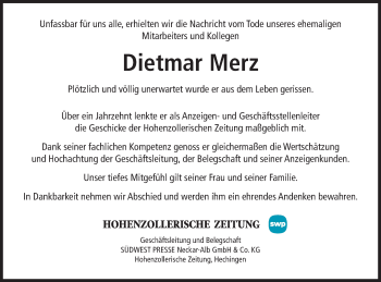 Traueranzeige von Dietmar Merz von Metzinger-Uracher Volksblatt