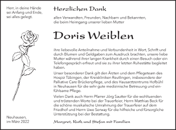 Traueranzeige von Doris Weiblen von Metzinger-Uracher Volksblatt