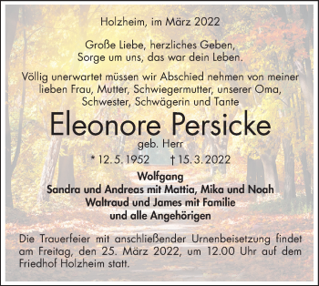 Traueranzeige von Eleonore Persicke von NWZ Neue Württembergische Zeitung