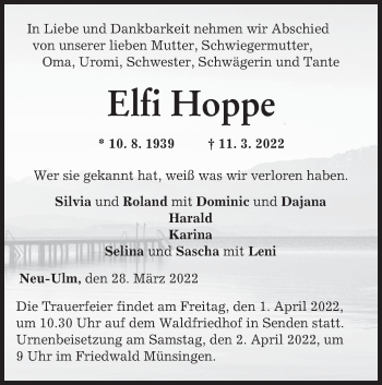 Traueranzeige von Elfi Hoppe von SÜDWEST PRESSE Ausgabe Ulm/Neu-Ulm