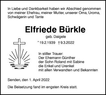 Traueranzeige von Elfriede Bürkle von SÜDWEST PRESSE Ausgabe Ulm/Neu-Ulm