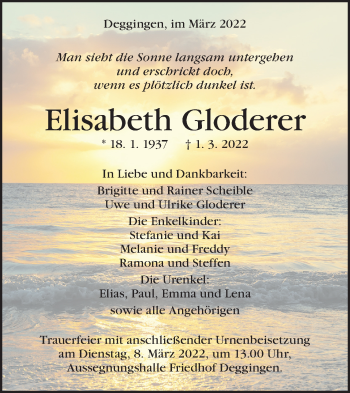 Traueranzeige von Elisabeth Gloderer von Geislinger Zeitung