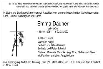 Traueranzeige von Emma Dauner von SÜDWEST PRESSE Ausgabe Ulm/Neu-Ulm