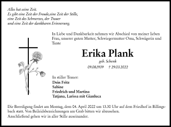 Traueranzeige von Erika Plank von Hohenloher Tagblatt