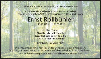 Traueranzeige von Ernst Rollbühler von Hohenloher Tagblatt