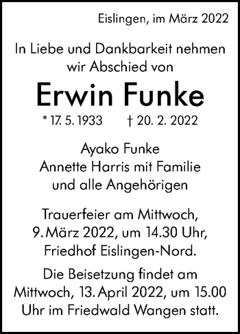 Traueranzeige von Erwin Funke von NWZ Neue Württembergische Zeitung