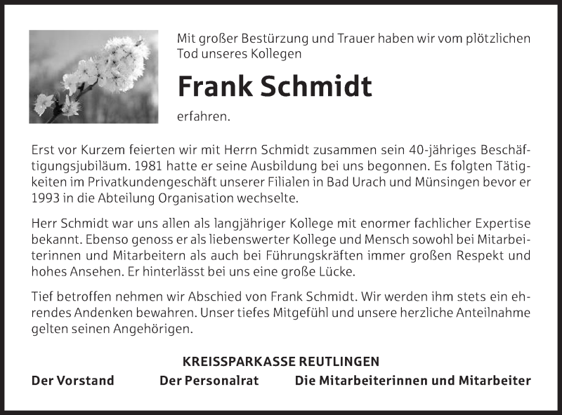  Traueranzeige für Frank Schmidt vom 26.03.2022 aus Metzinger-Uracher Volksblatt