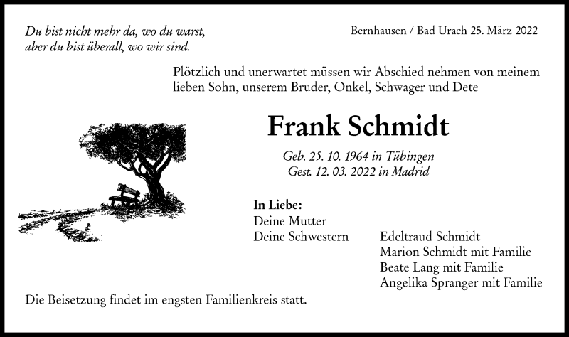  Traueranzeige für Frank Schmidt vom 25.03.2022 aus Metzinger-Uracher Volksblatt