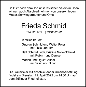 Traueranzeige von Frieda Schmid von SÜDWEST PRESSE Ausgabe Ulm/Neu-Ulm