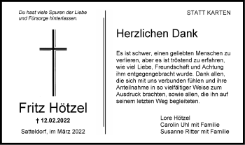 Traueranzeige von Fritz Hötzel von Hohenloher Tagblatt