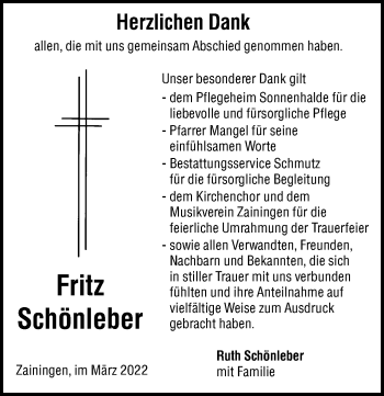 Traueranzeige von Fritz Schönleber von Alb-Bote/Metzinger-Uracher Volksblatt